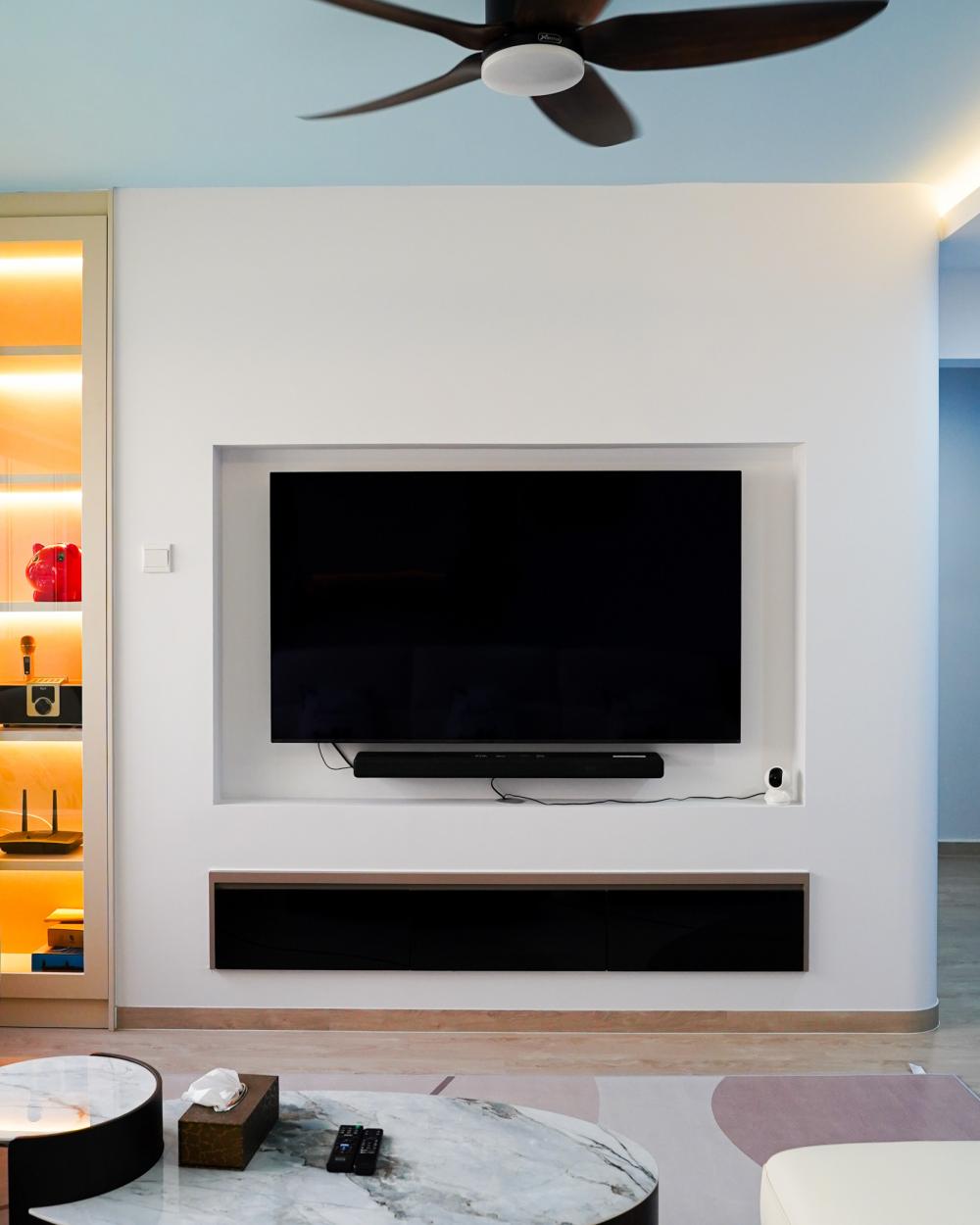 Modern Living Room with Vinyl Flooring and Feature Wall