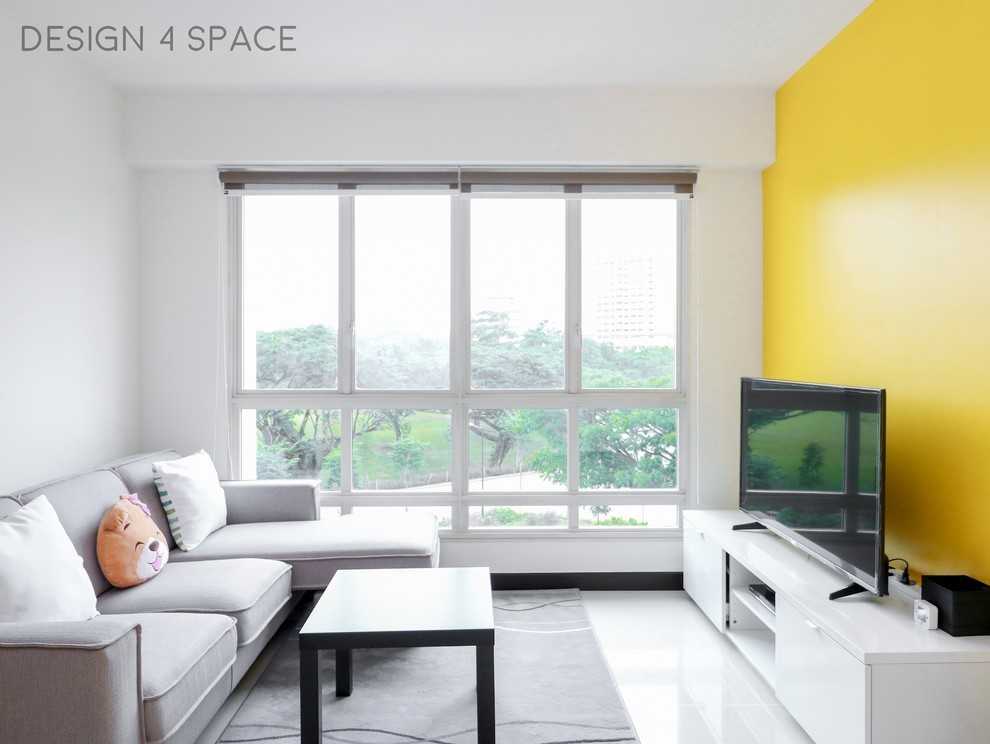 Modern Living Room with Homogeneous Tiles and TV Console