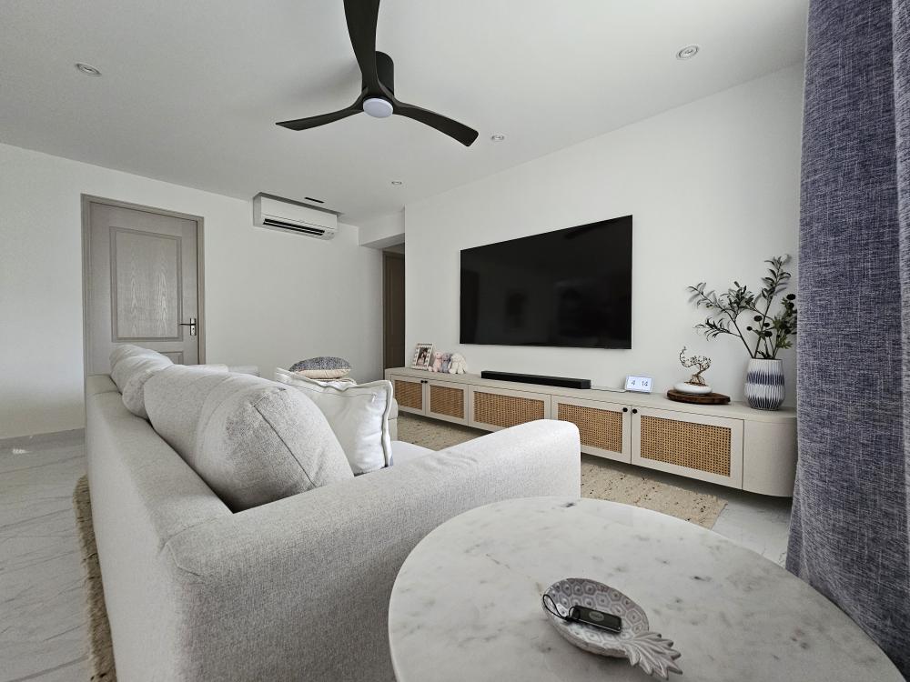 Scandinavian Living Room with Drop Ceiling and Downlights
