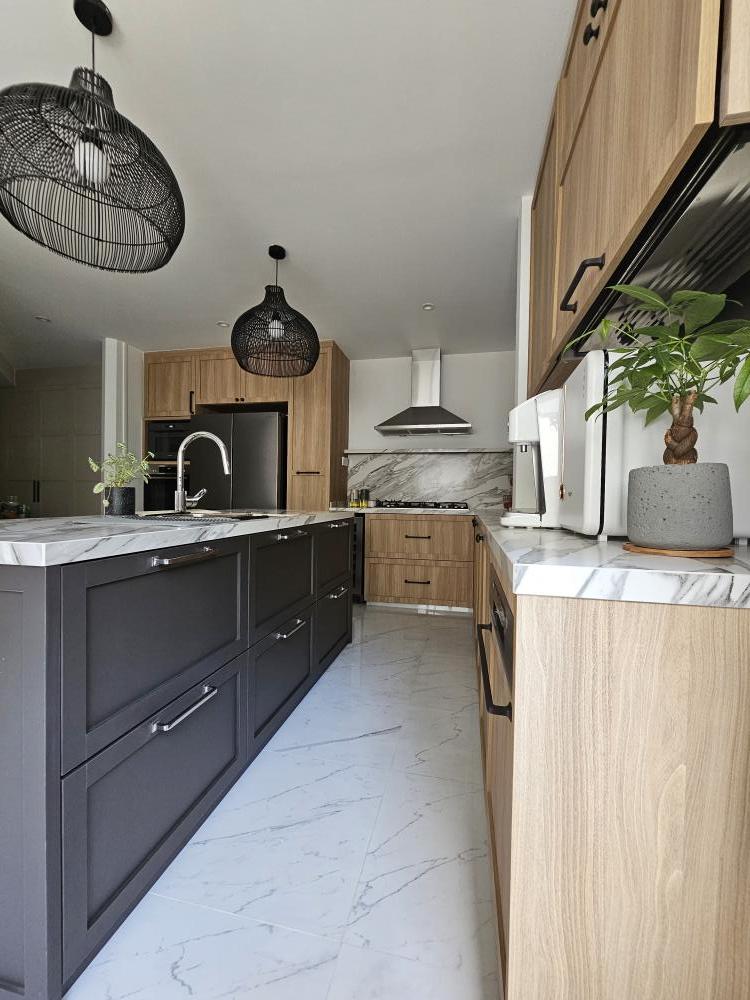 Scandinavian Kitchen with Countertop and Kitchen Backsplash