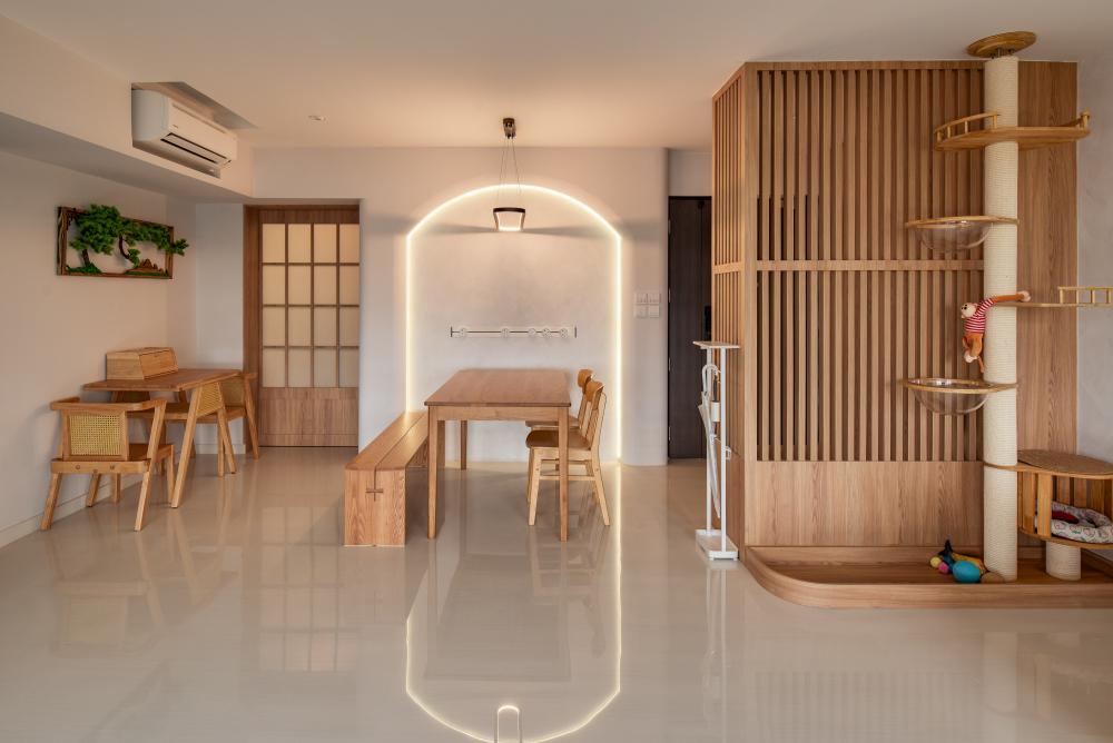 Minimalist Dining Room with Cove Lighting and Drop Ceiling