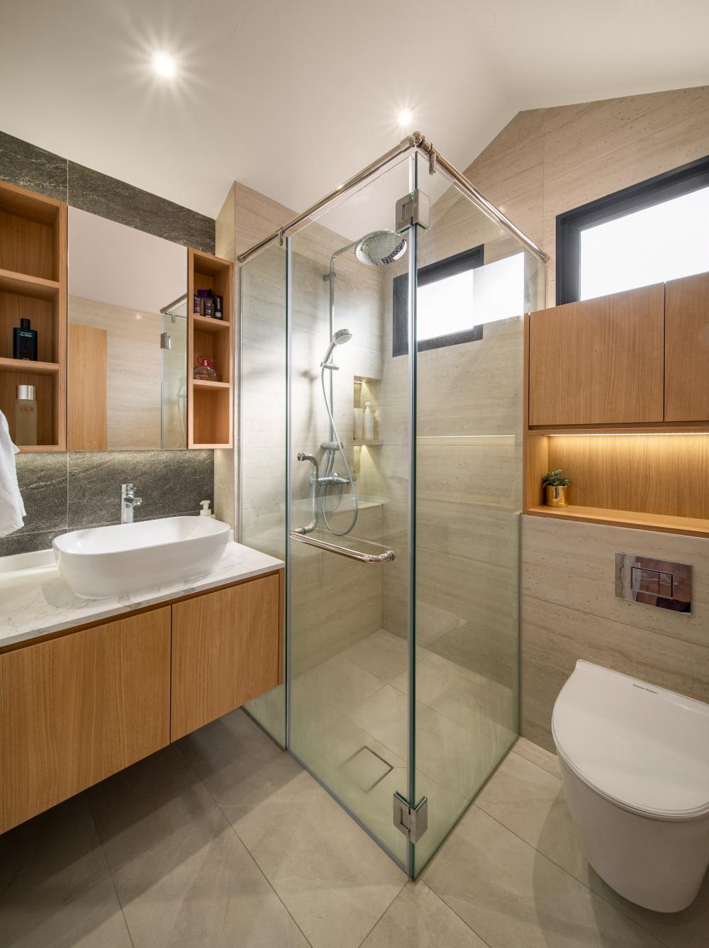 Asian Bathroom with Countertop and Homogeneous Tiles