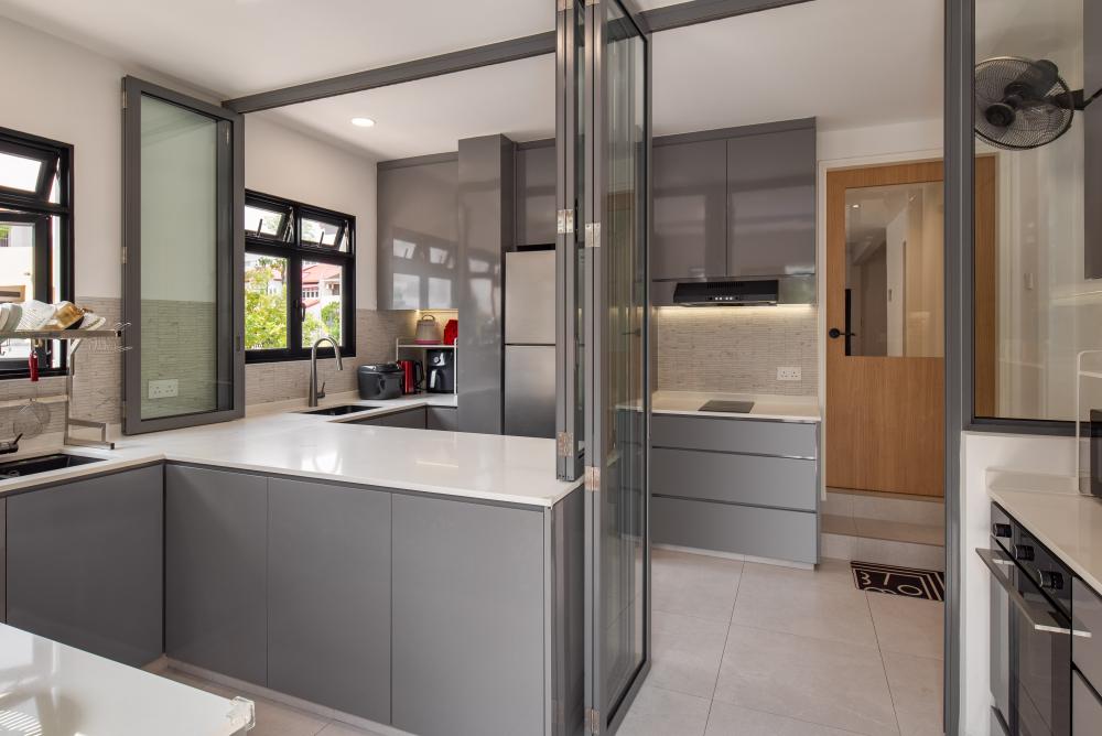 Asian Kitchen with Countertop and Homogeneous Tiles