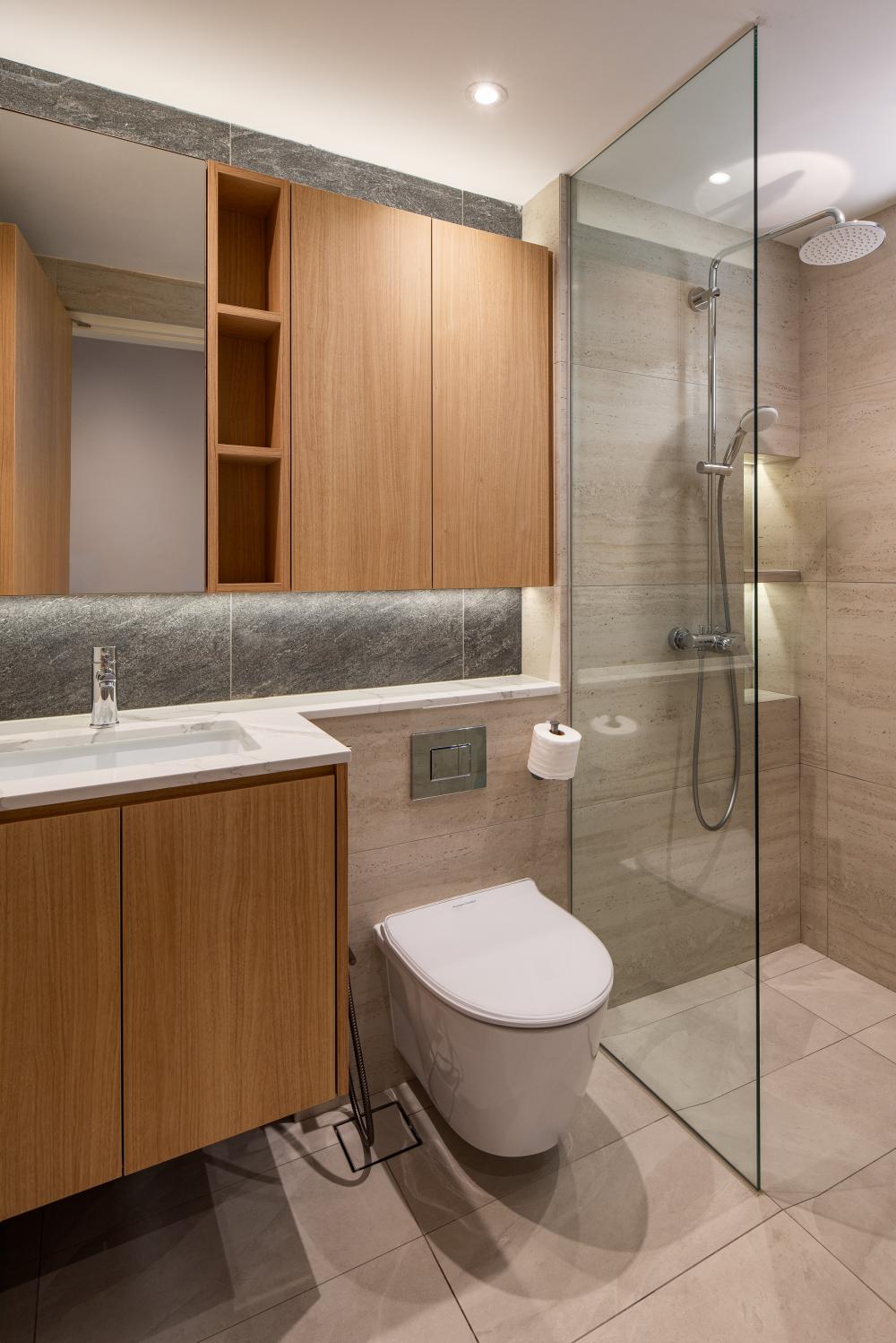 Asian Bathroom with Countertop and Homogeneous Tiles