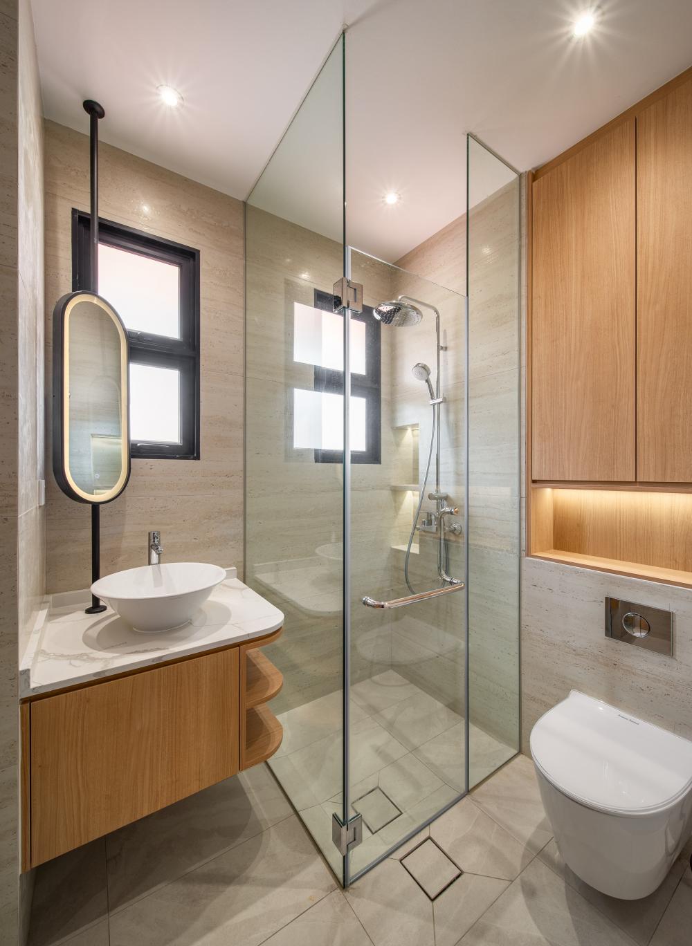 Asian Bathroom with Countertop and Homogeneous Tiles