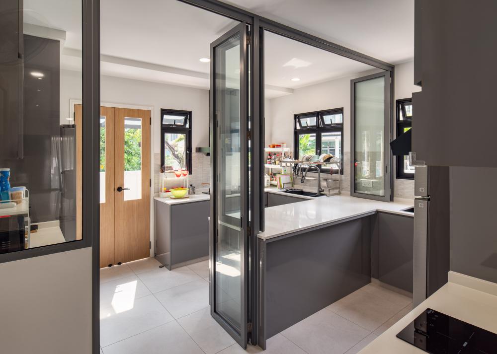 Asian Kitchen with Countertop and Homogeneous Tiles