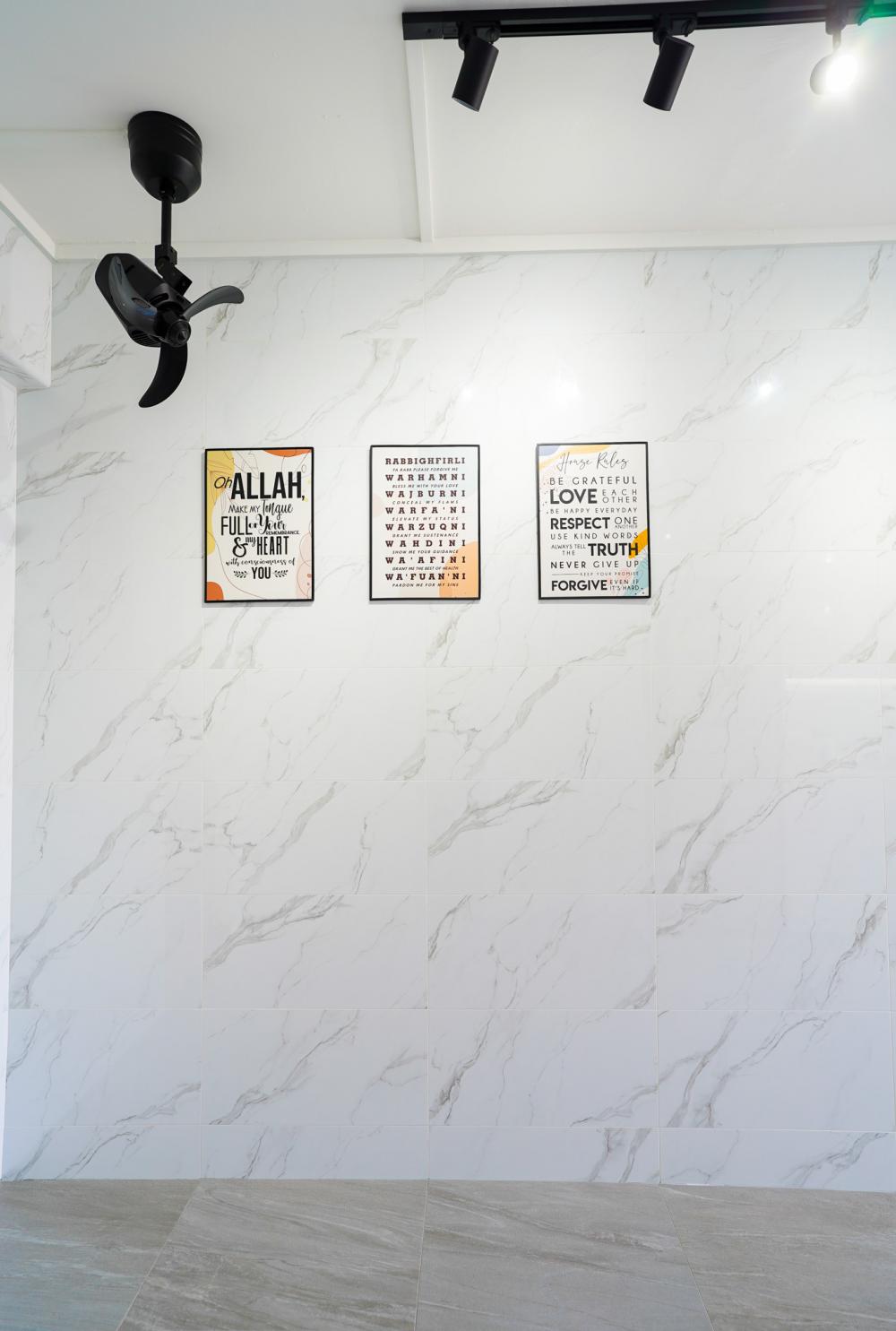 Minimalist Kitchen with Homogeneous Tiles and Propeller Fan