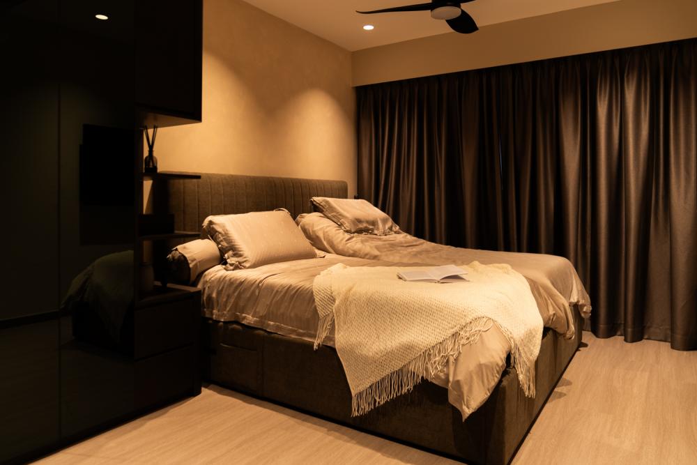 Modern Bedroom with Homogeneous Tiles and Ceiling Light