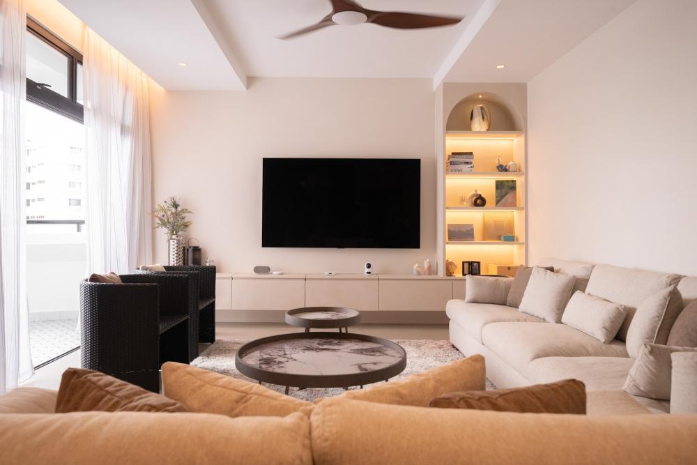 Contemporary Living Room with TV Console and Cove Lighting