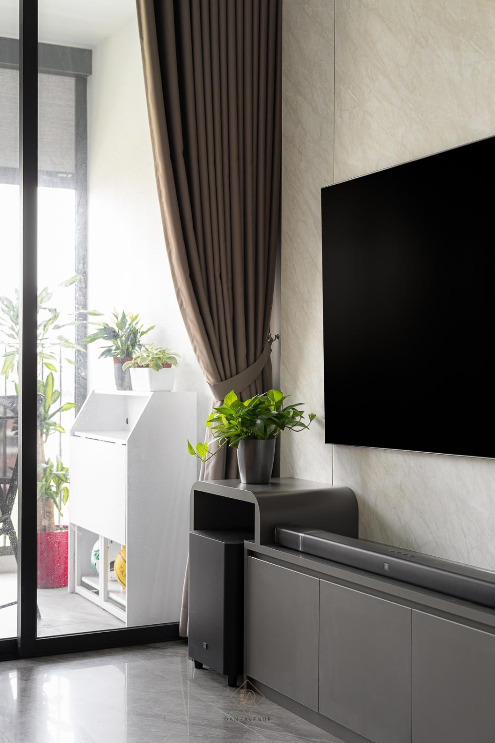 Modern Living Room with Homogeneous Tiles and TV Console