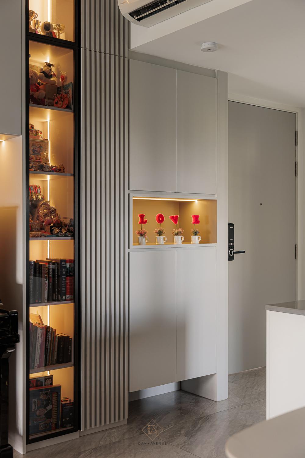 Modern Living Room with Homogeneous Tiles and Feature Wall