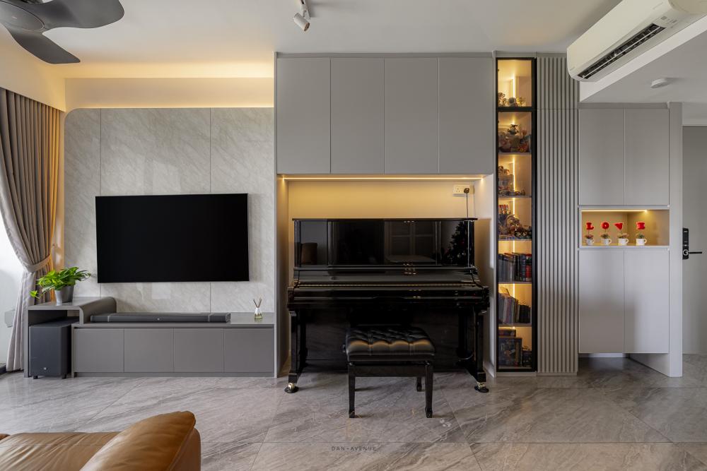 Modern Living Room with Homogeneous Tiles and TV Console