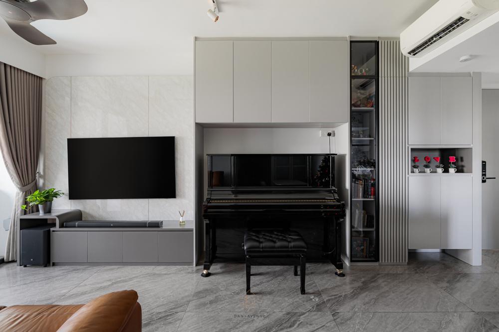 Modern Living Room with Homogeneous Tiles and TV Console