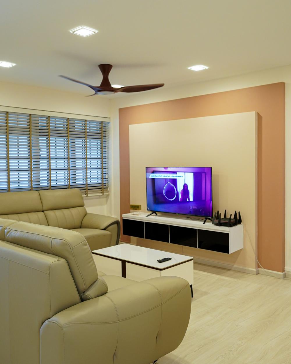 Scandinavian Living Room with TV Console and Feature Wall