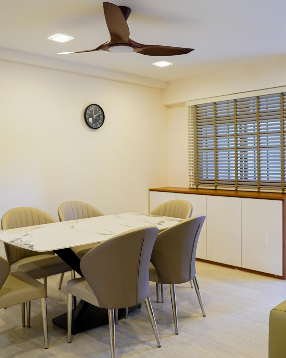 Scandinavian Dining Room with Cove Lighting and Ceiling Fan