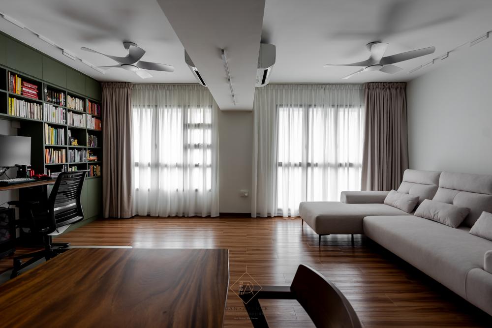 Transitional Living Room with Bookshelf and Vinyl Flooring