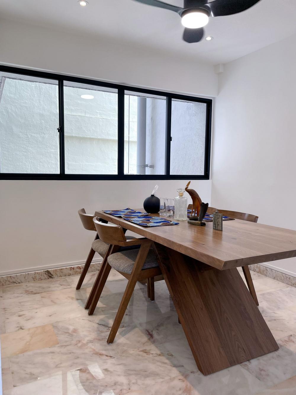 Modern Dining Room with Marble Floor and Ceiling Light
