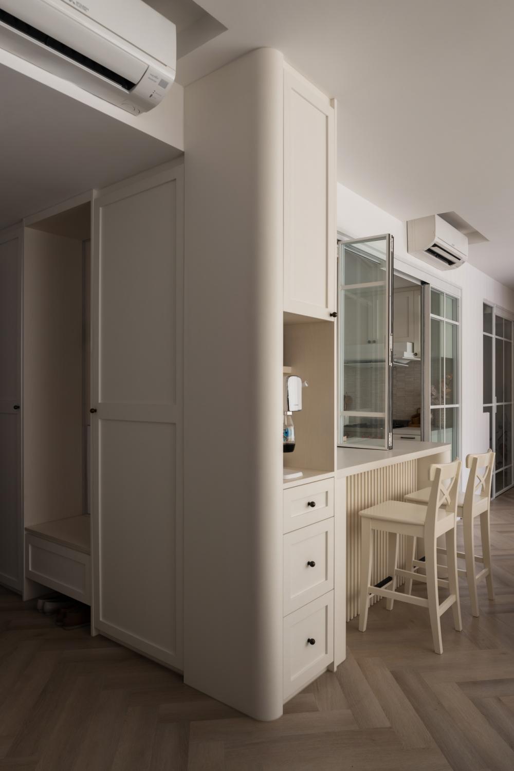 Modern Entryway with Seating Bench and Storage Cabinets