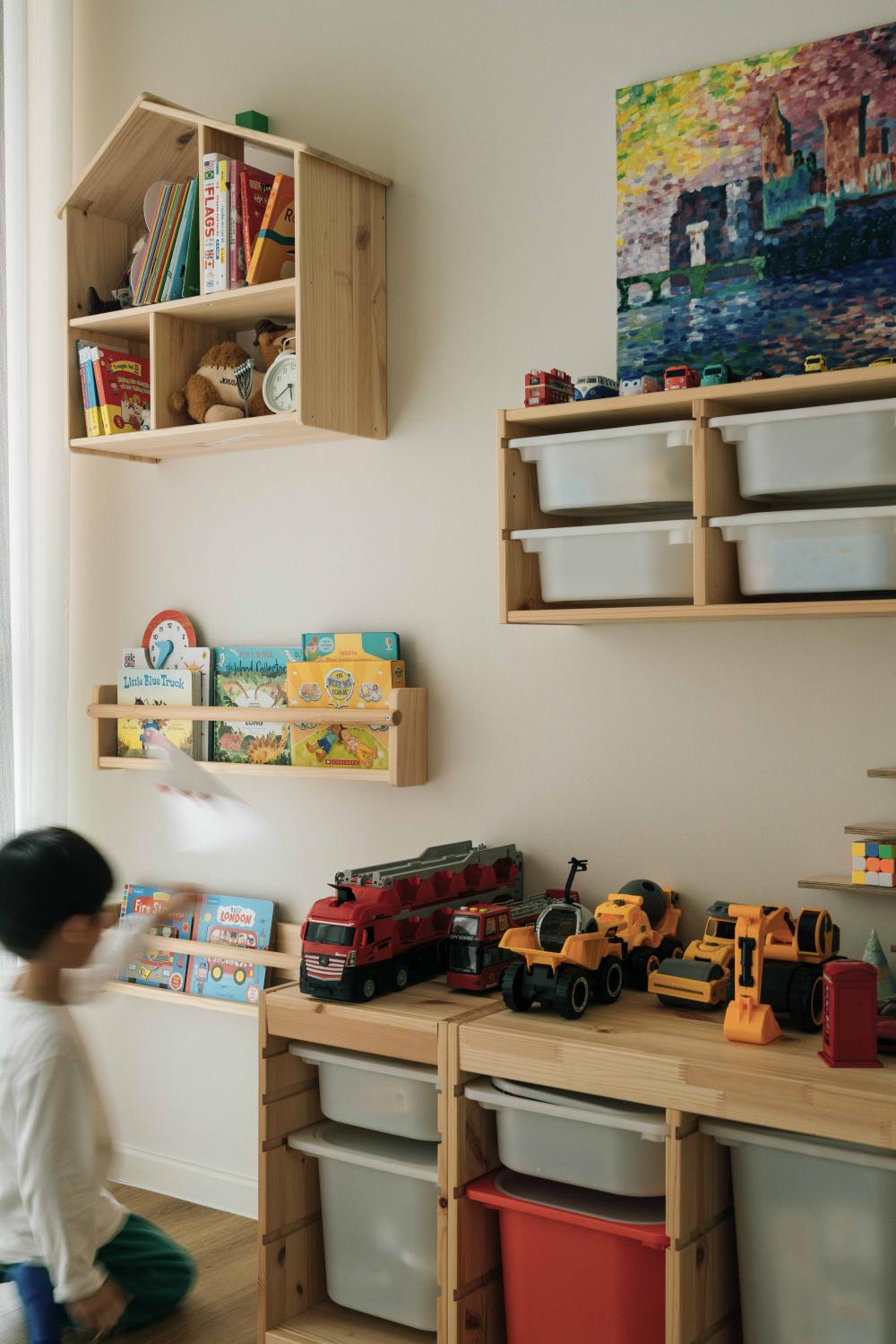 Contemporary Kids Room with Bookshelf and Toys