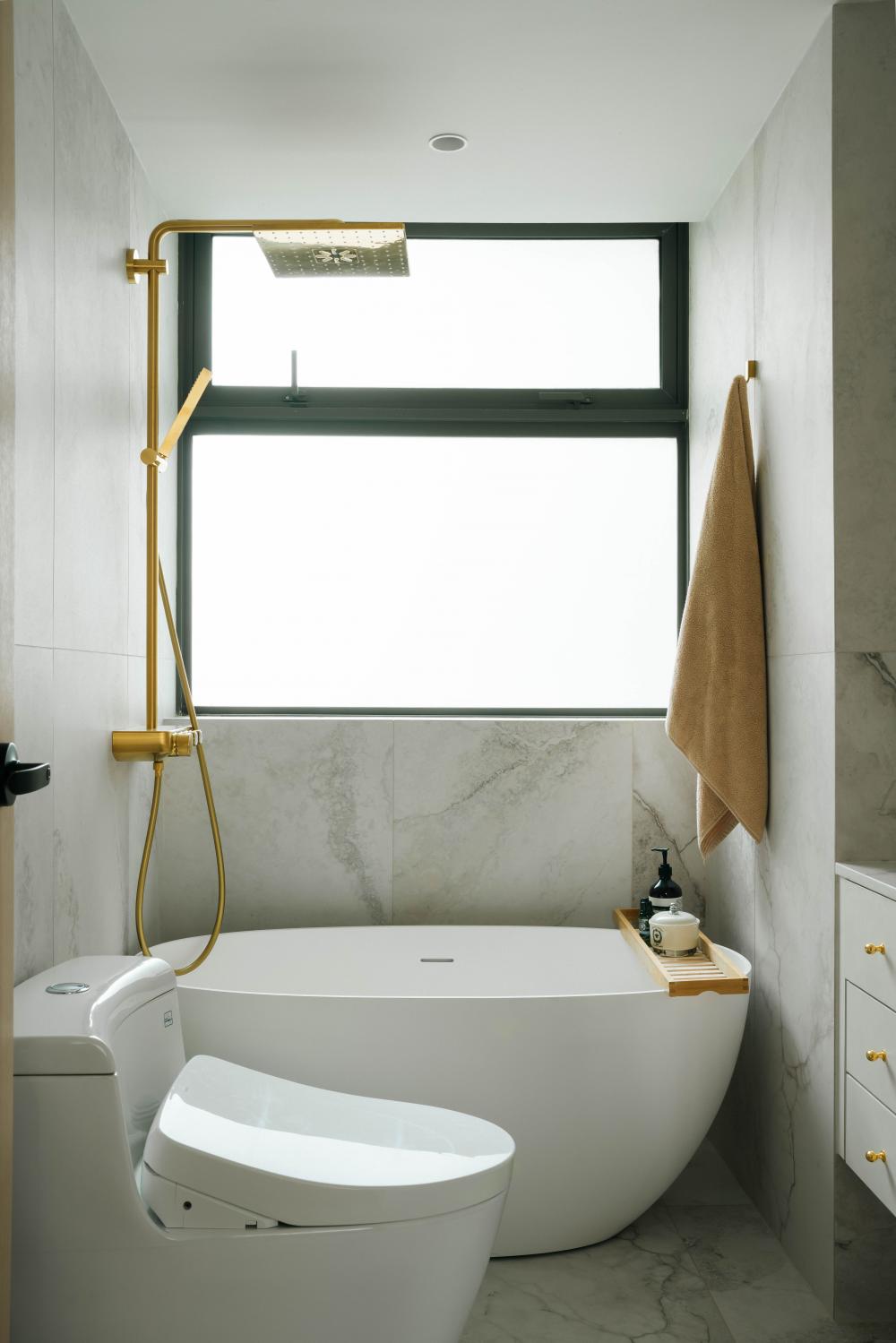 Contemporary Bathroom with Bathtub and Showers
