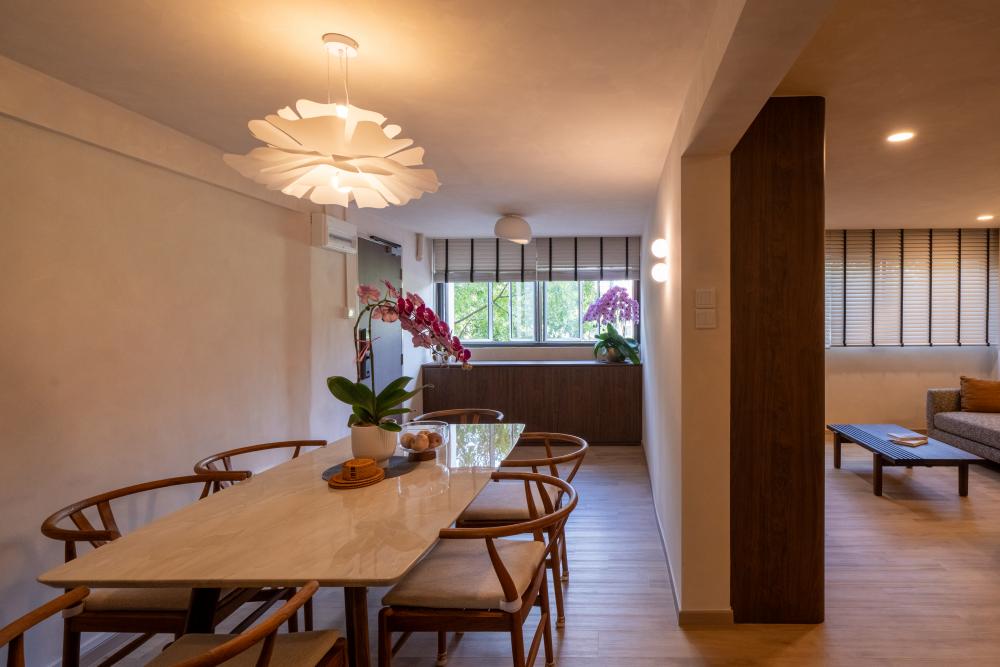 Contemporary Dining Room with Drop Light and Dining Table