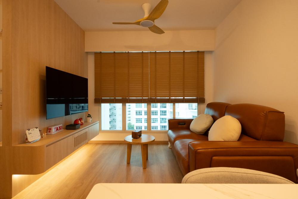 Scandinavian Living Room with Wood Flooring and TV Console