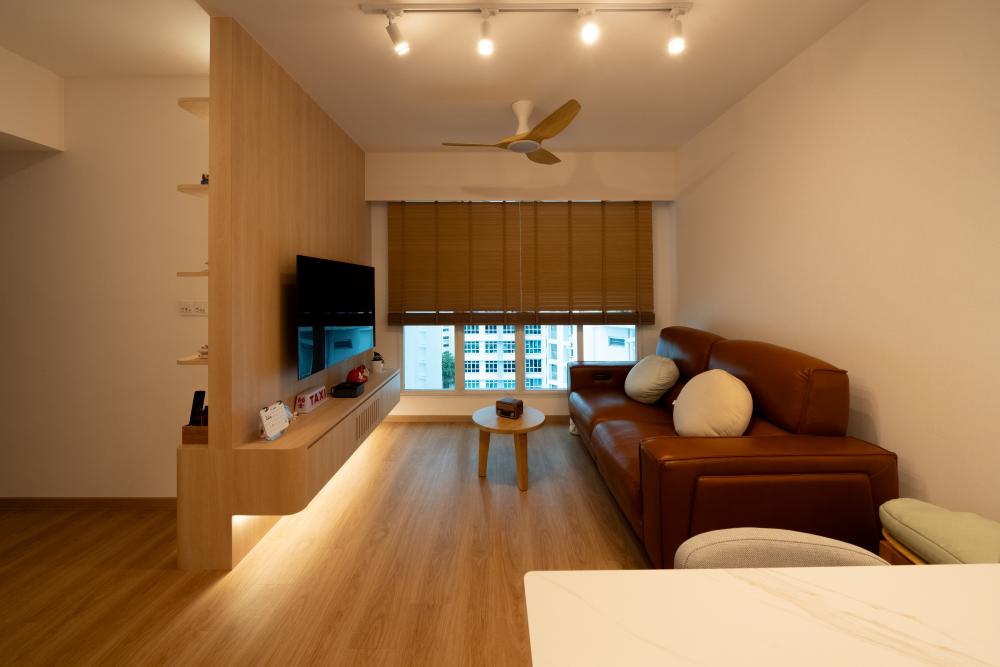 Scandinavian Living Room with TV Console and Feature Wall