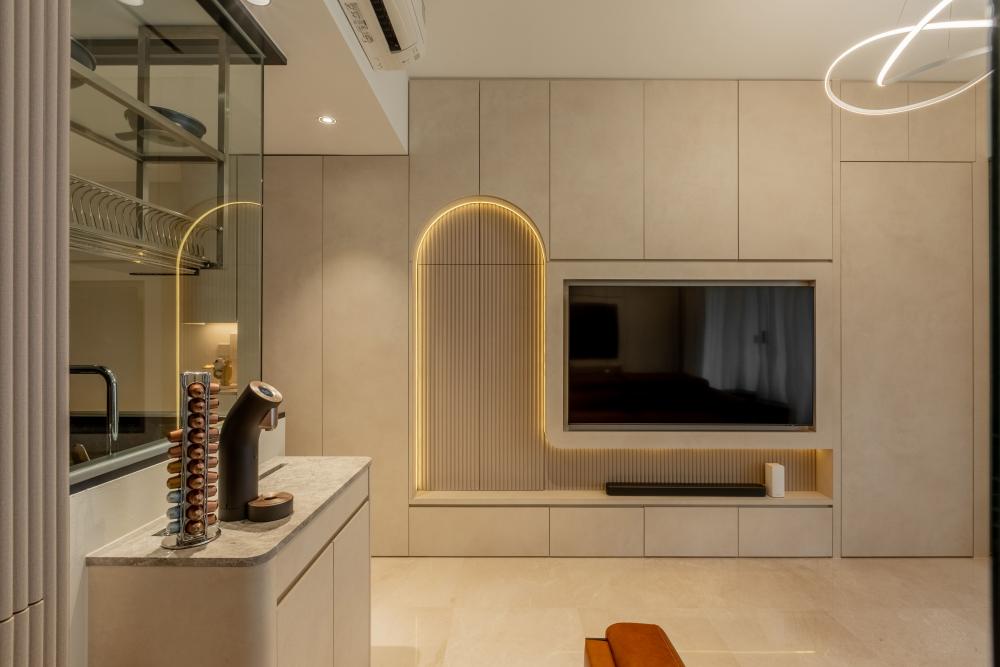Modern Living Room with TV Console and Ceiling Light
