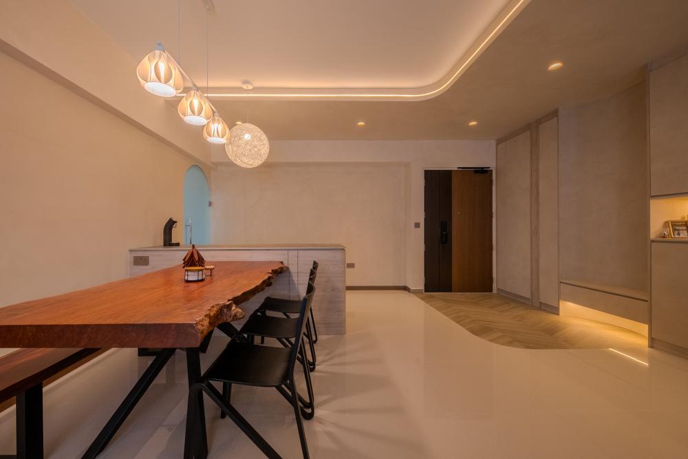 Scandinavian Dining Room with Chandelier and Dining Table