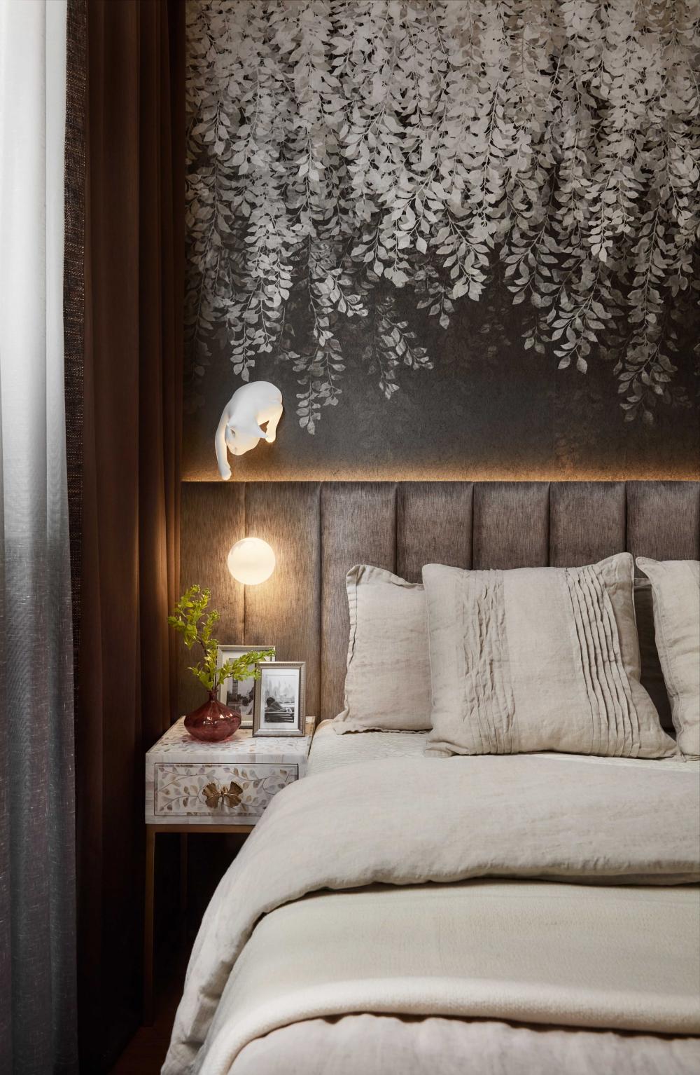 Modern Bedroom with Parquet Floor and Bedside Table
