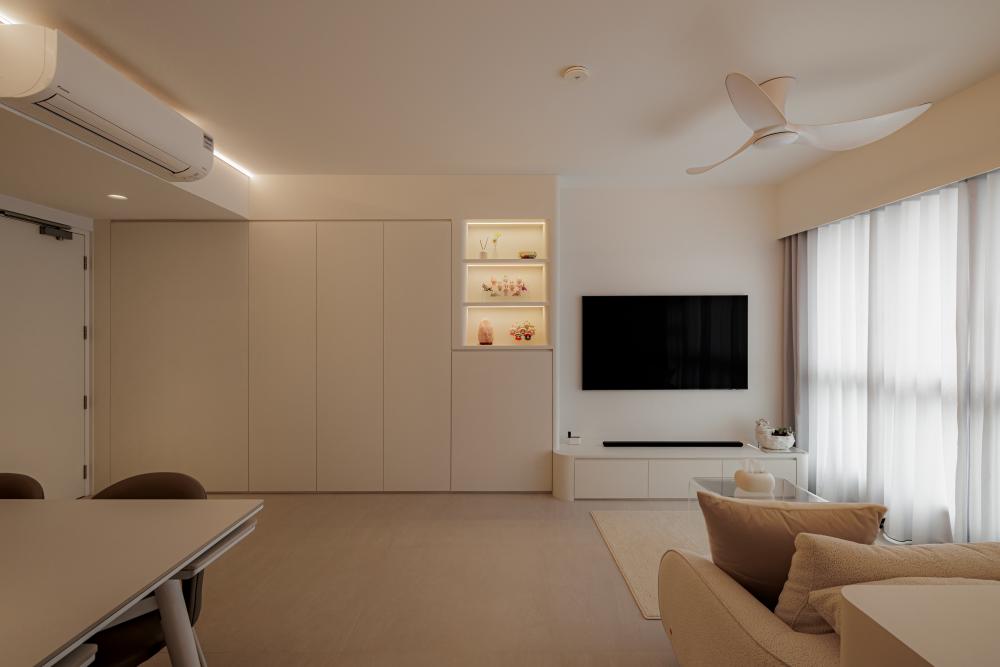 Modern Living Room with TV Console and Ceiling Fan