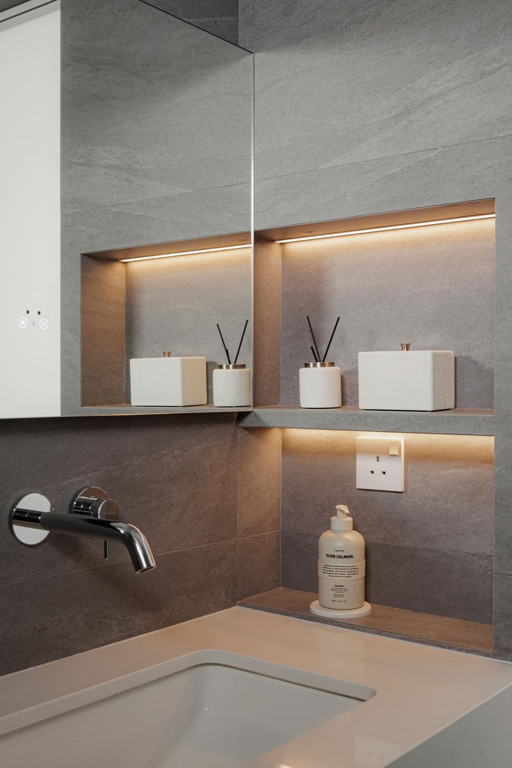 Modern Bathroom with Mirror and Display Cabinets