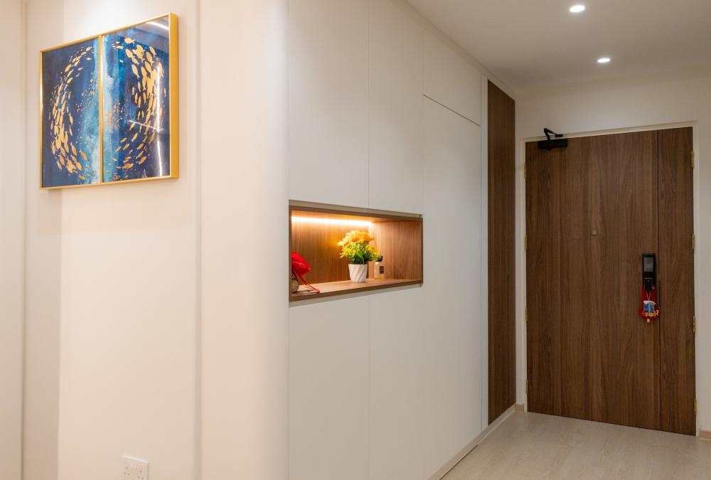 Minimalist Foyer with Feature Wall and Drop Ceiling