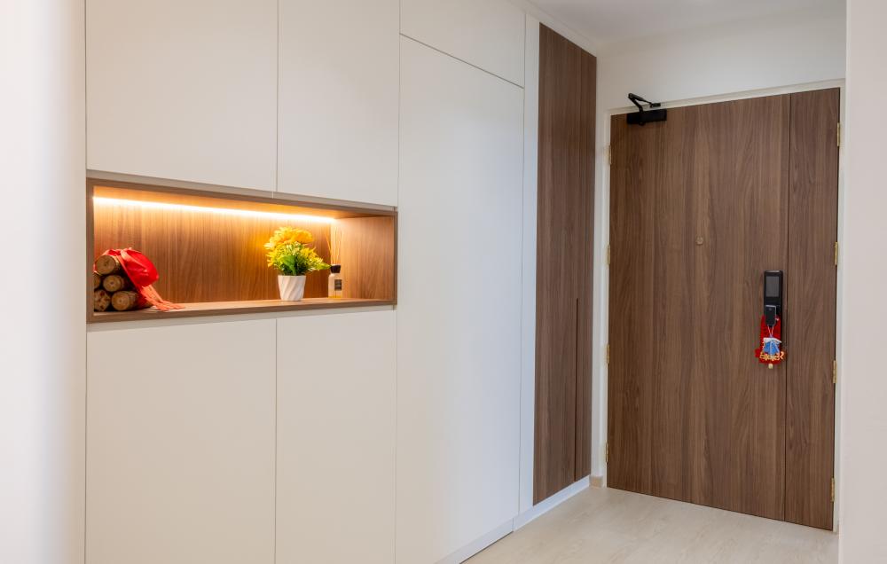 Minimalist Foyer with Feature Wall and Display Cabinets