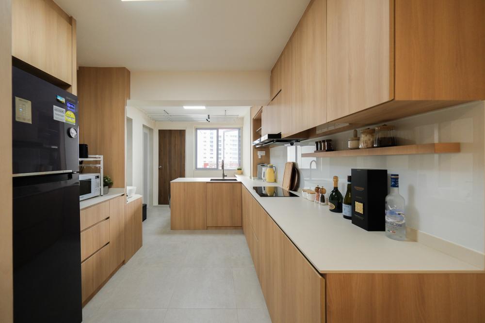 Scandinavian Kitchen with Cement Floor and Wood Flooring