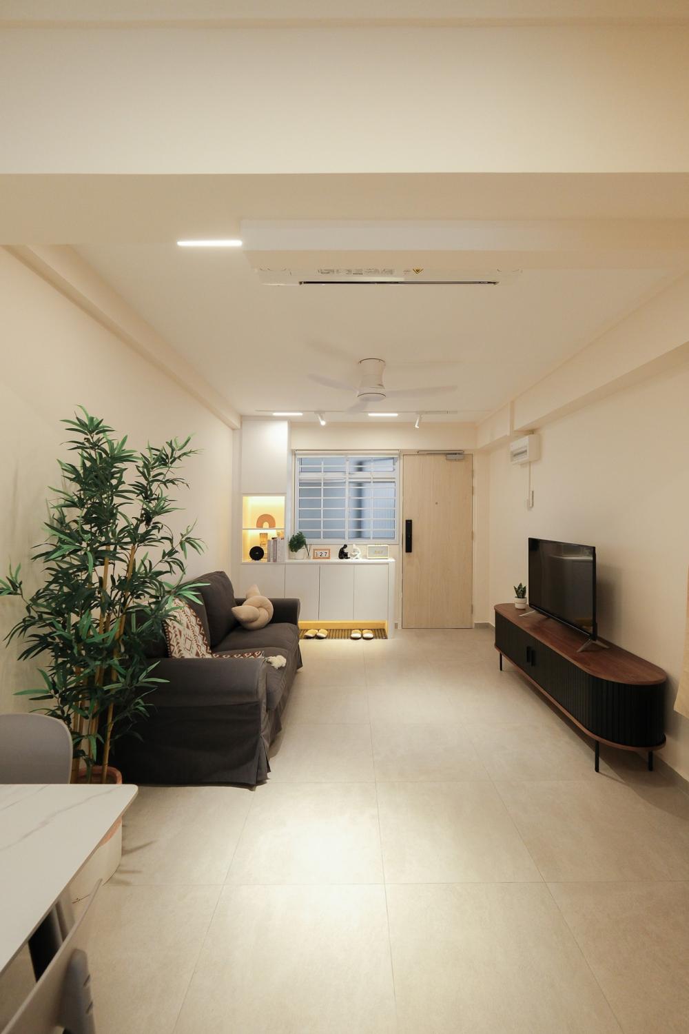 Scandinavian Living Room with Cement Floor and TV Console
