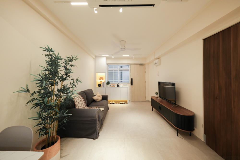 Scandinavian Living Room with Cement Floor and TV Console