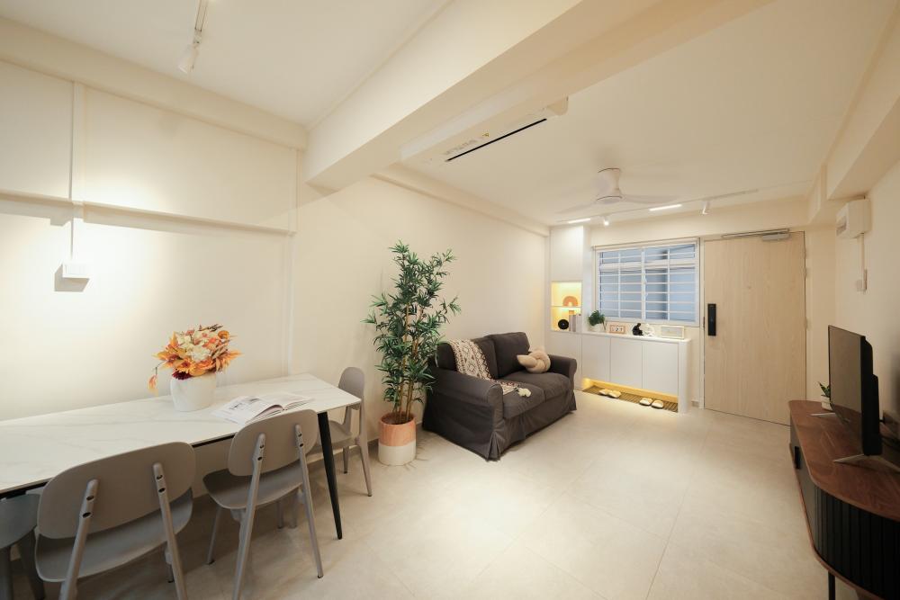 Scandinavian Living Room with Countertop and Homogeneous Tiles