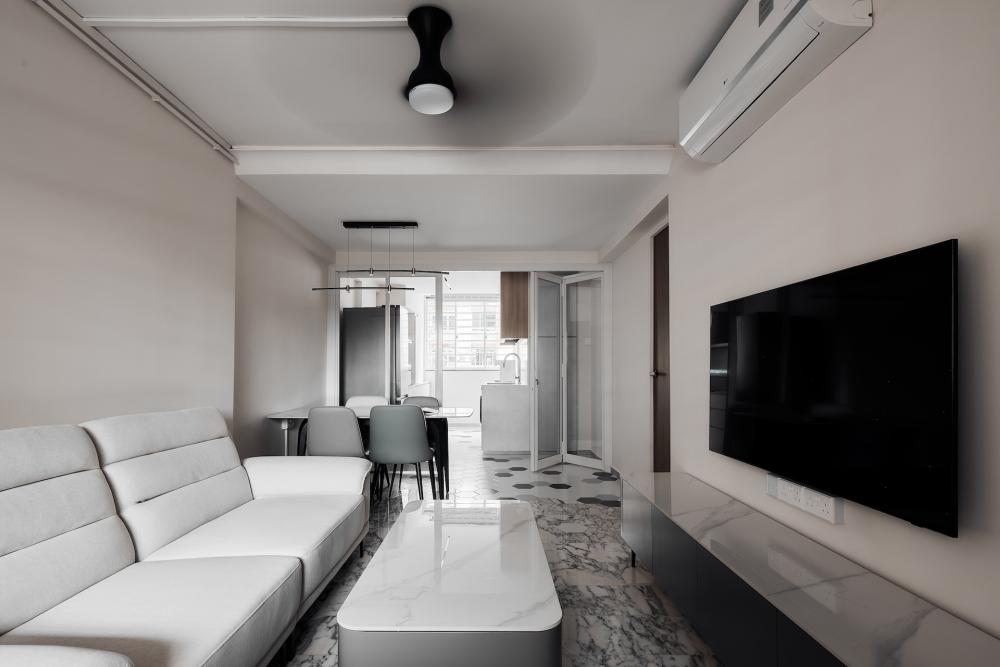 Modern Living Room with Marble Floor and TV Console