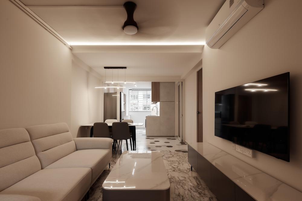 Modern Living Room with Marble Floor and TV Console