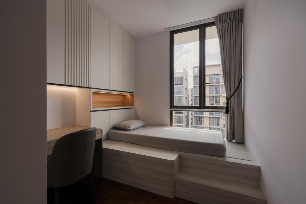 Modern Bedroom with Bookshelf and Platform Bed