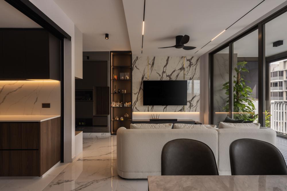 Modern Living Room with Bookshelf and Homogeneous Tiles