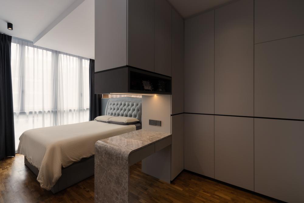 Modern Bedroom with Parquet Floor and Cove Lighting