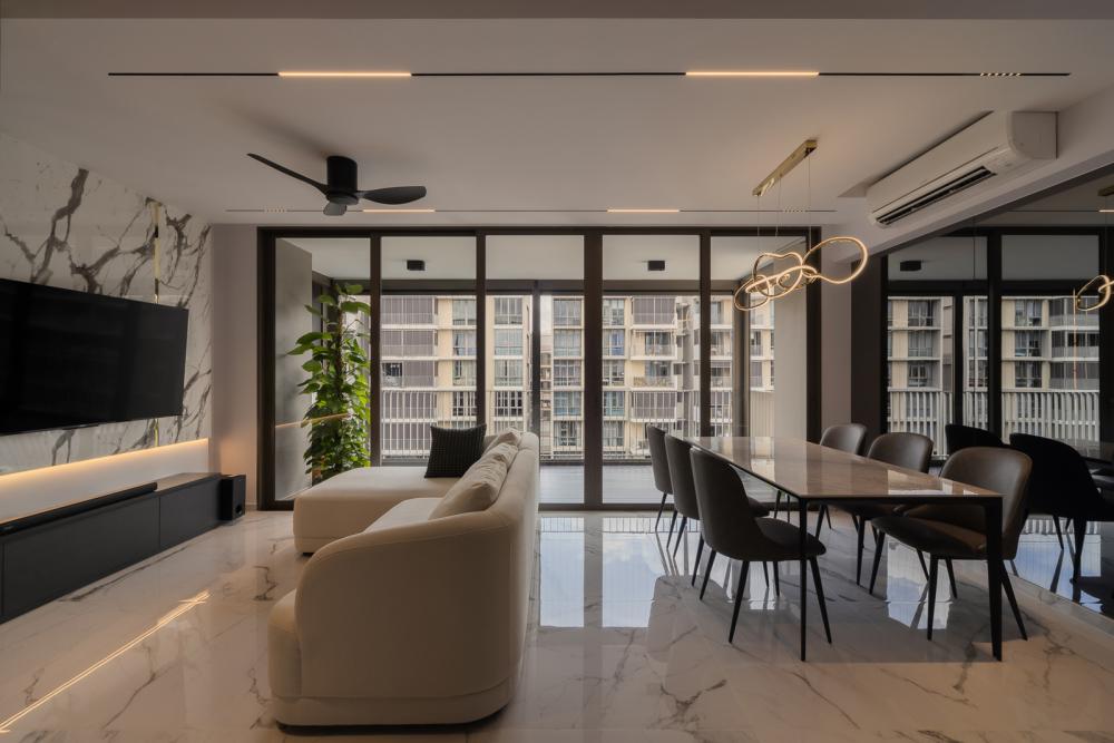 Modern Living Room with Homogeneous Tiles and Feature Wall