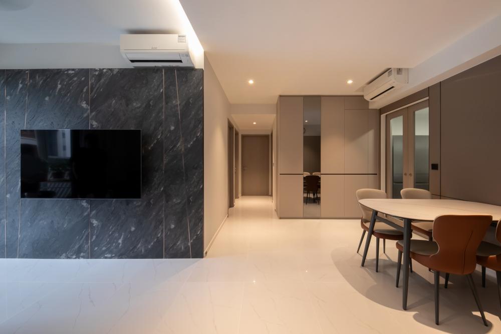 Contemporary Living Room with Homogeneous Tiles and Feature Wall