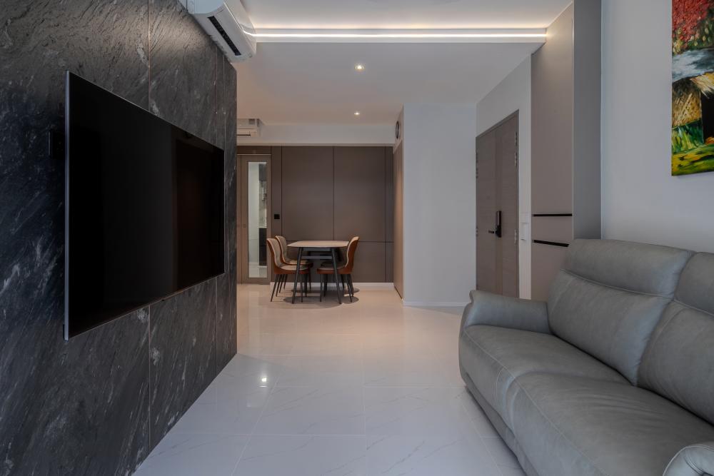 Contemporary Living Room with Ceiling Light and Paintings