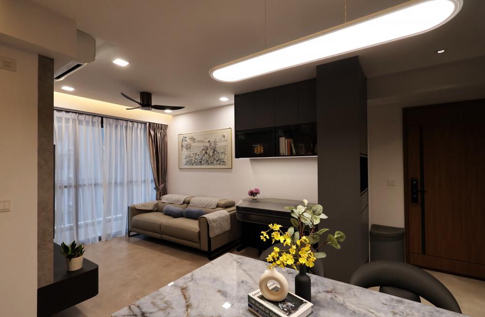 Contemporary Living Room with TV Console and Downlights