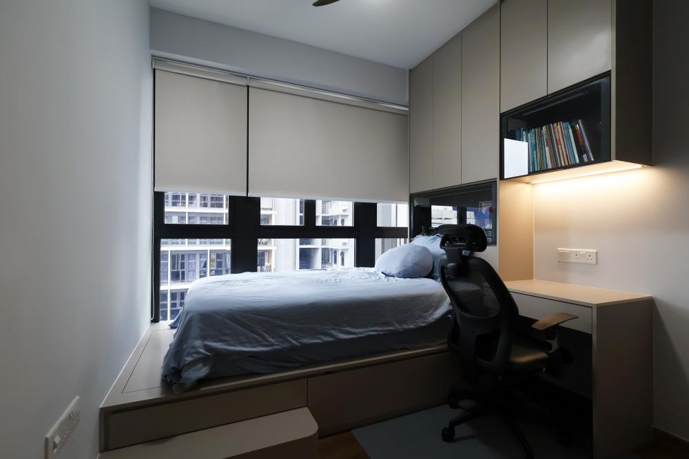 Contemporary Bedroom with Bay Window and Wardrobe