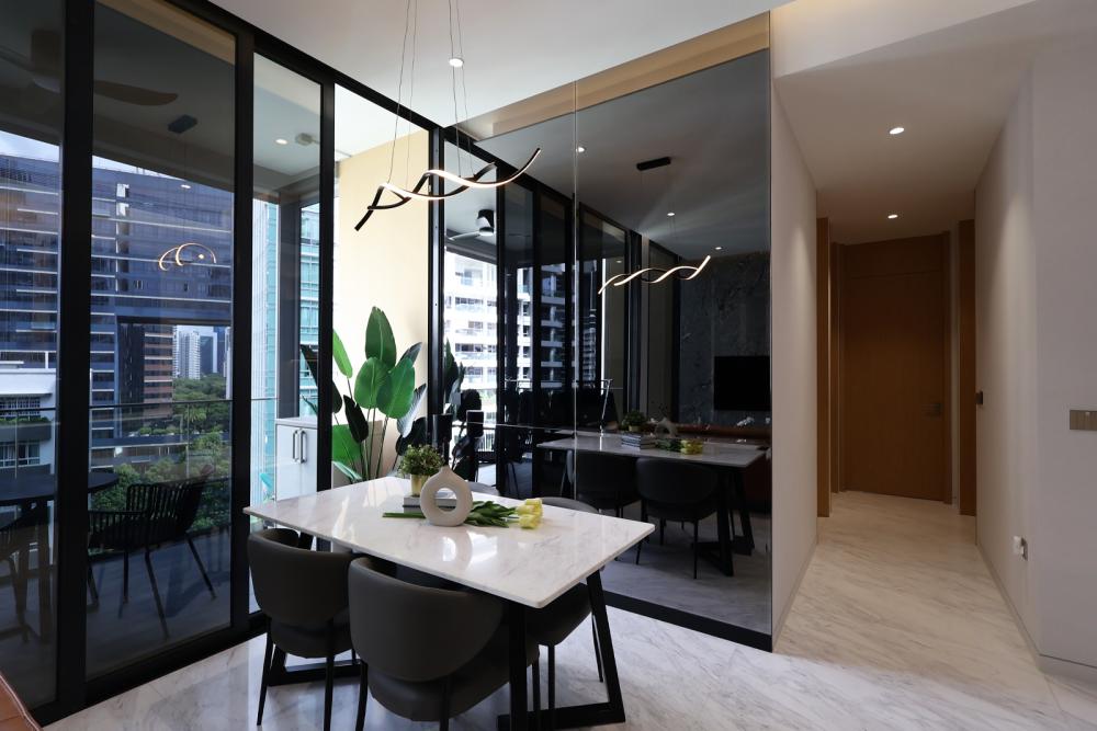 Contemporary Dining Room with TV Console and Chandelier