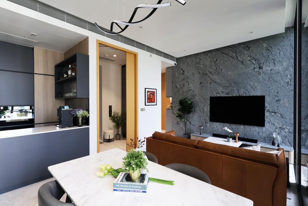 Contemporary Living Room with TV Console and Feature Wall